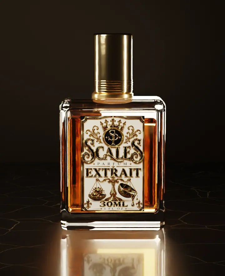 Scales Parfum 30 mL square glass bottle with amber juice and a polished gold cap