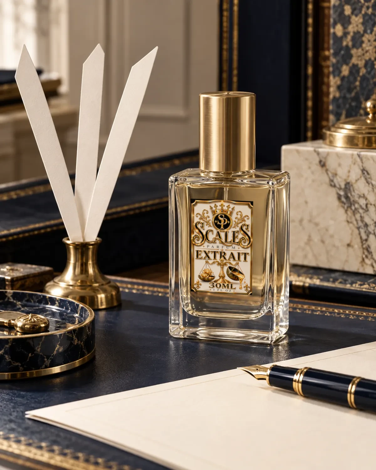 The Scales bottle with perfume blotters and a fountain pen at the atelier