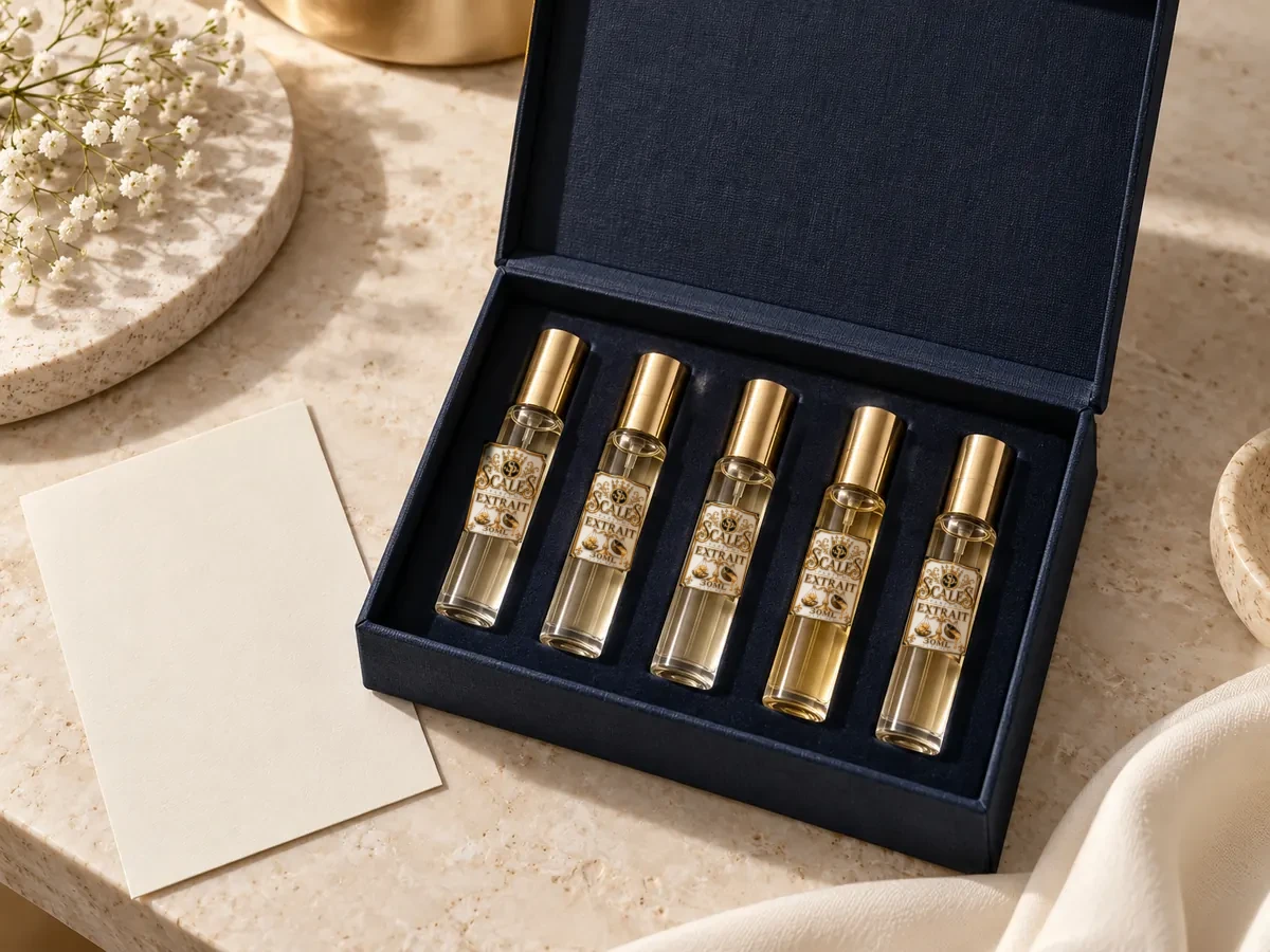 Discovery set in an open navy linen box
