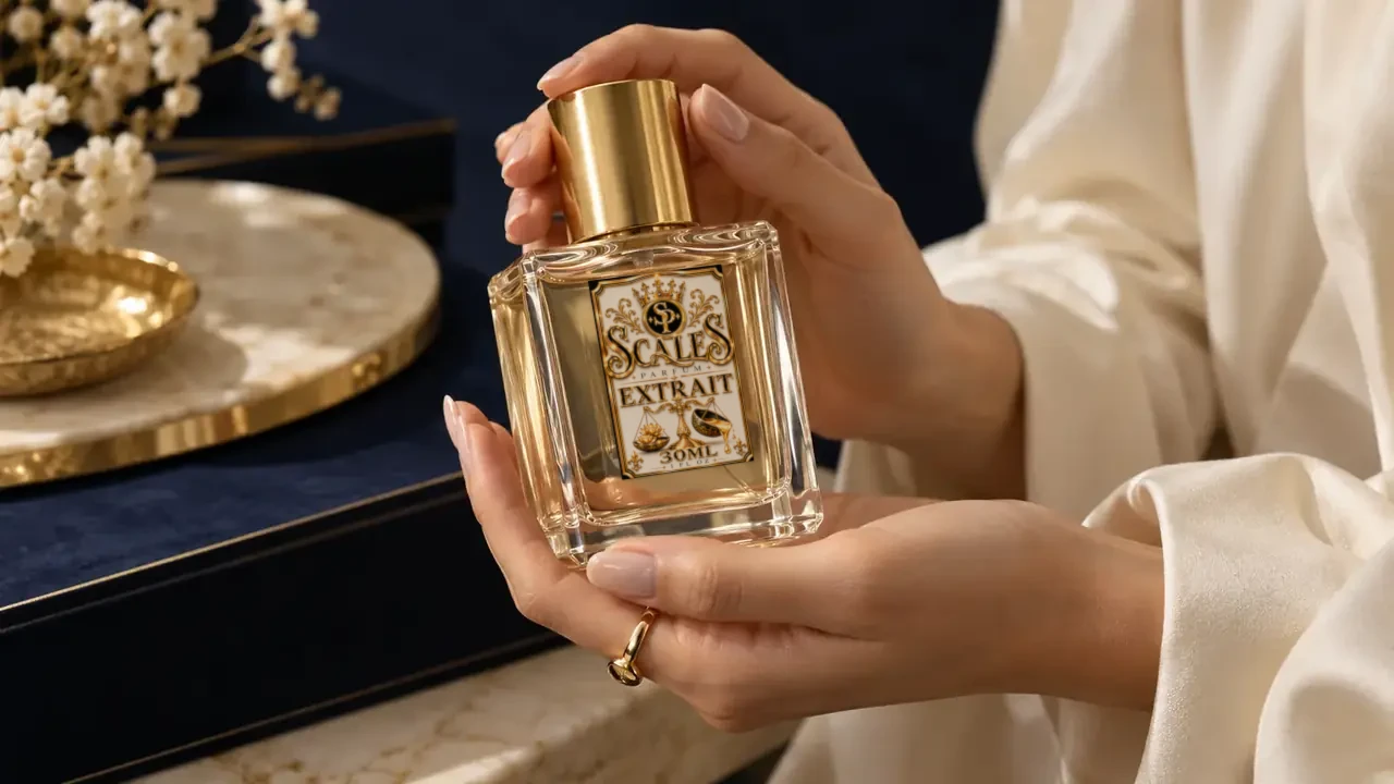 Hands holding the square Scales bottle under soft window light
