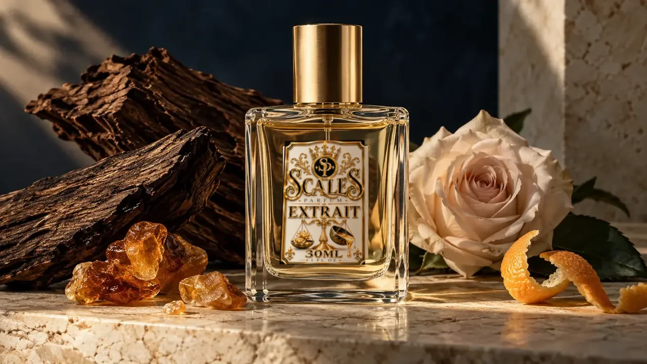 Scales perfume bottle with citrus, rose, amber resin and oud on stone