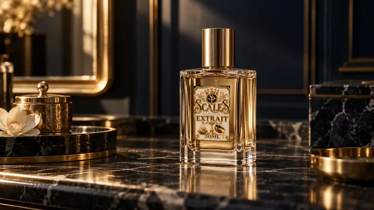 Scales bottle on a dark marble vanity with soft gold light