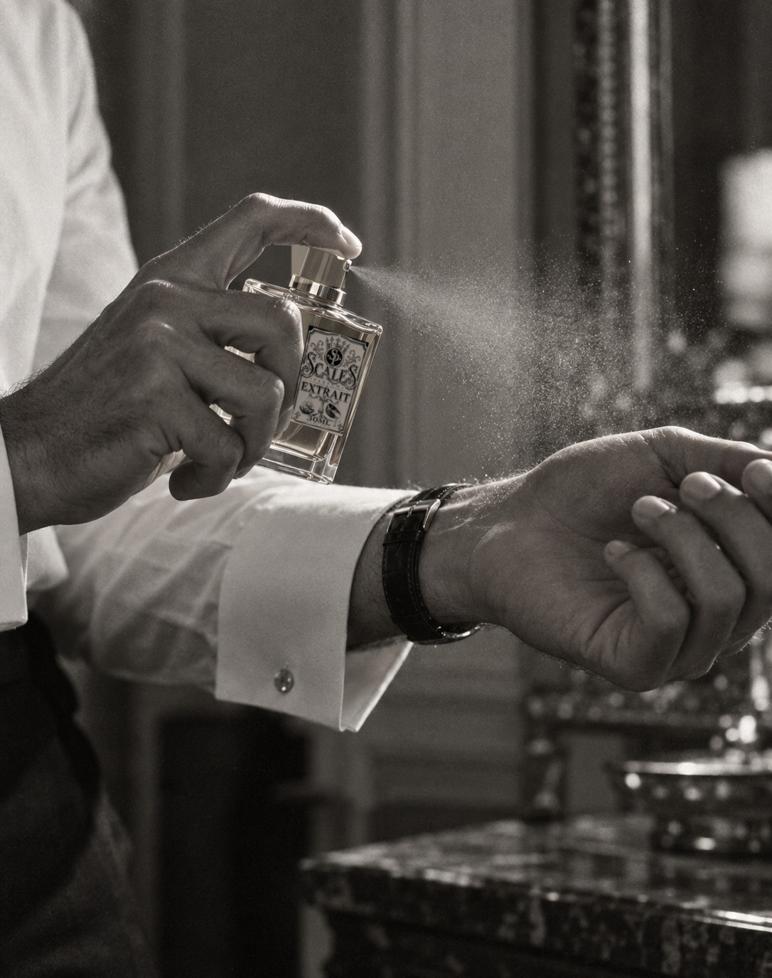 Black-and-white detail of hands spraying perfume onto a wrist beside a cuff and watch