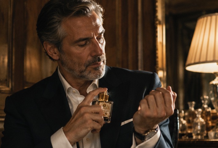 Man in a dark jacket applying perfume to his wrist in warm window light