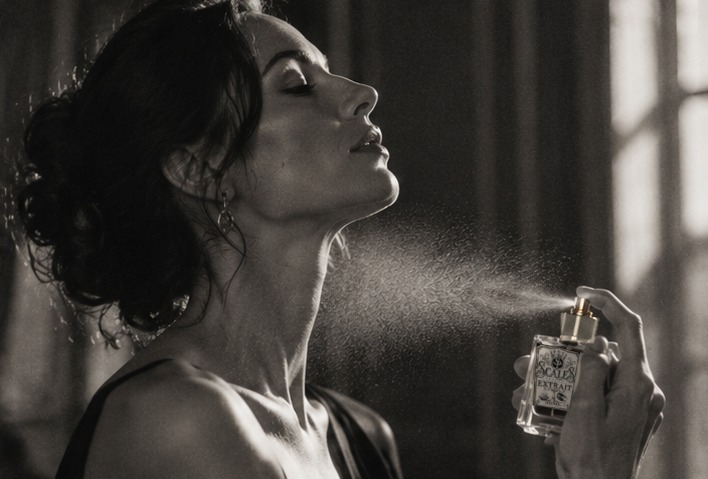 Black-and-white profile of a woman spraying a fine perfume mist near her neck