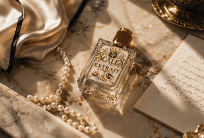 Scales perfume bottle on marble beside pearls, ivory silk and a handwritten note
