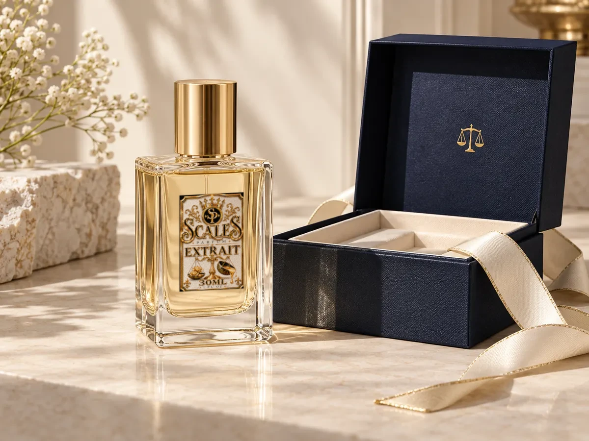Scales bottle beside a navy gift box with ivory ribbon