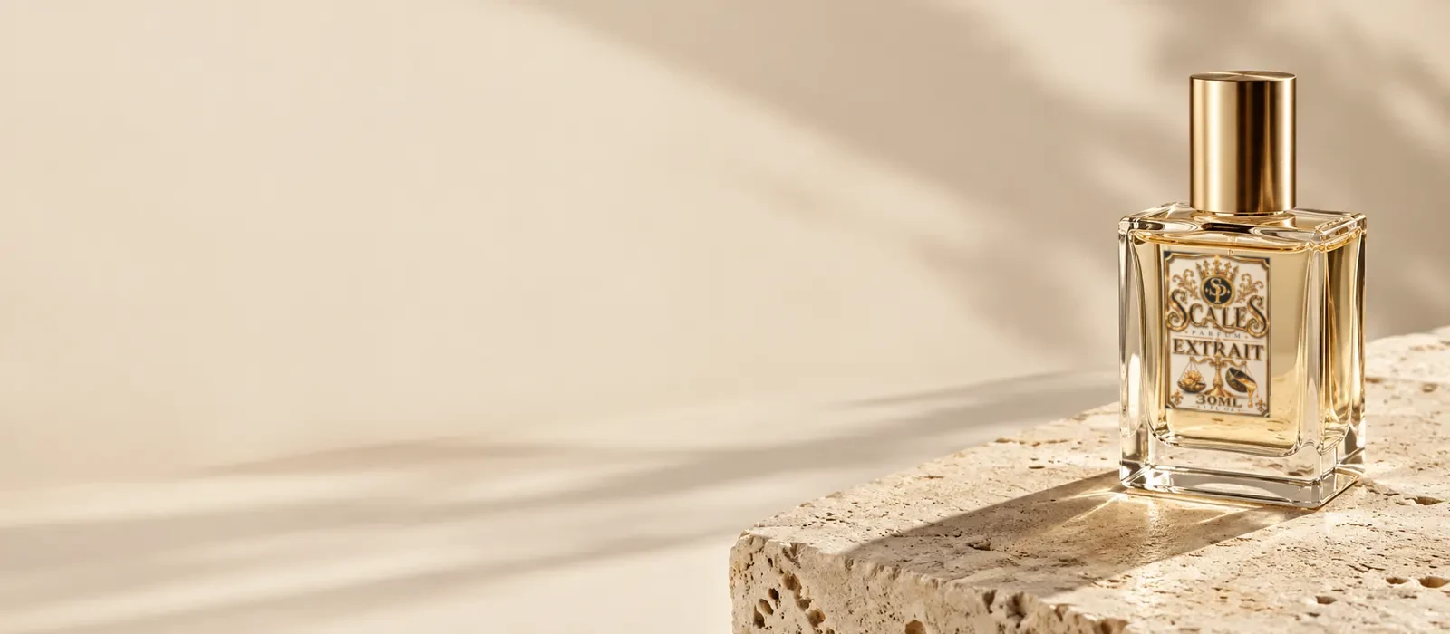 Scales bottle on travertine with a long afternoon shadow