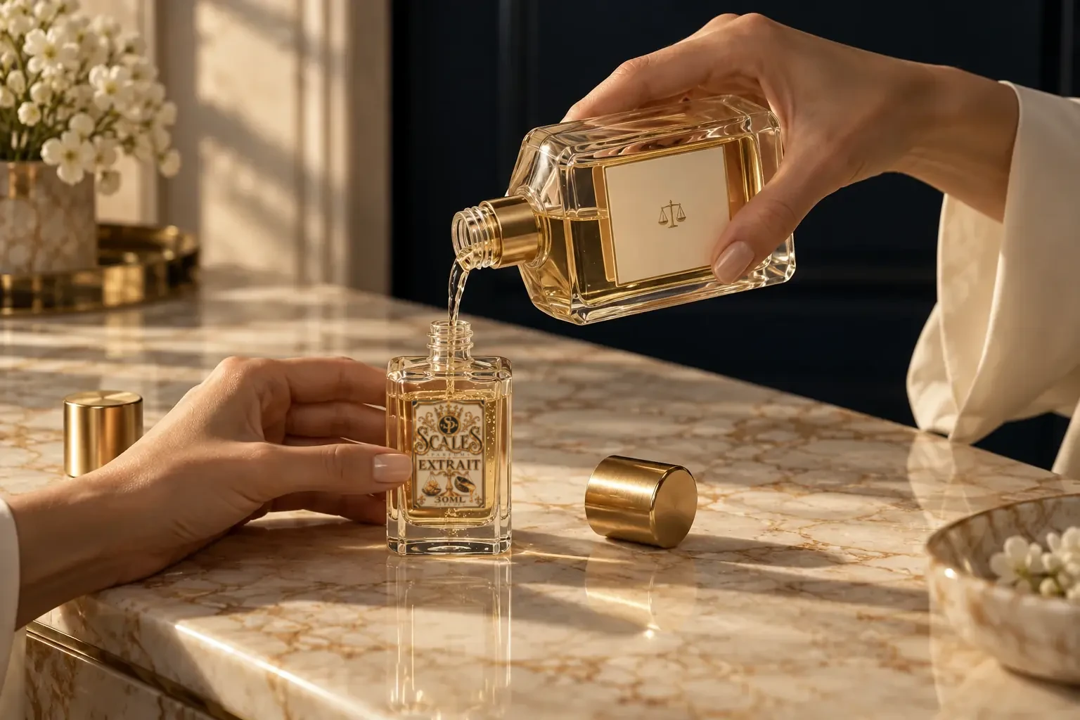 Hands refilling a glass perfume bottle on marble