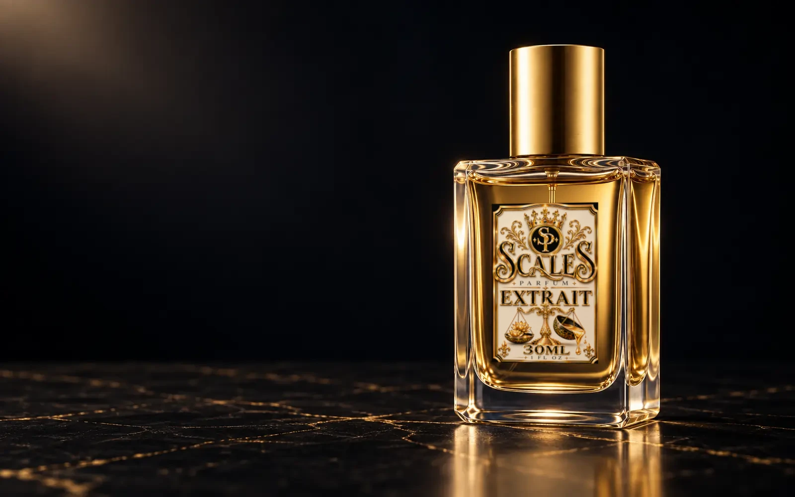 Scales square glass perfume bottle with a gold cap in soft black studio light