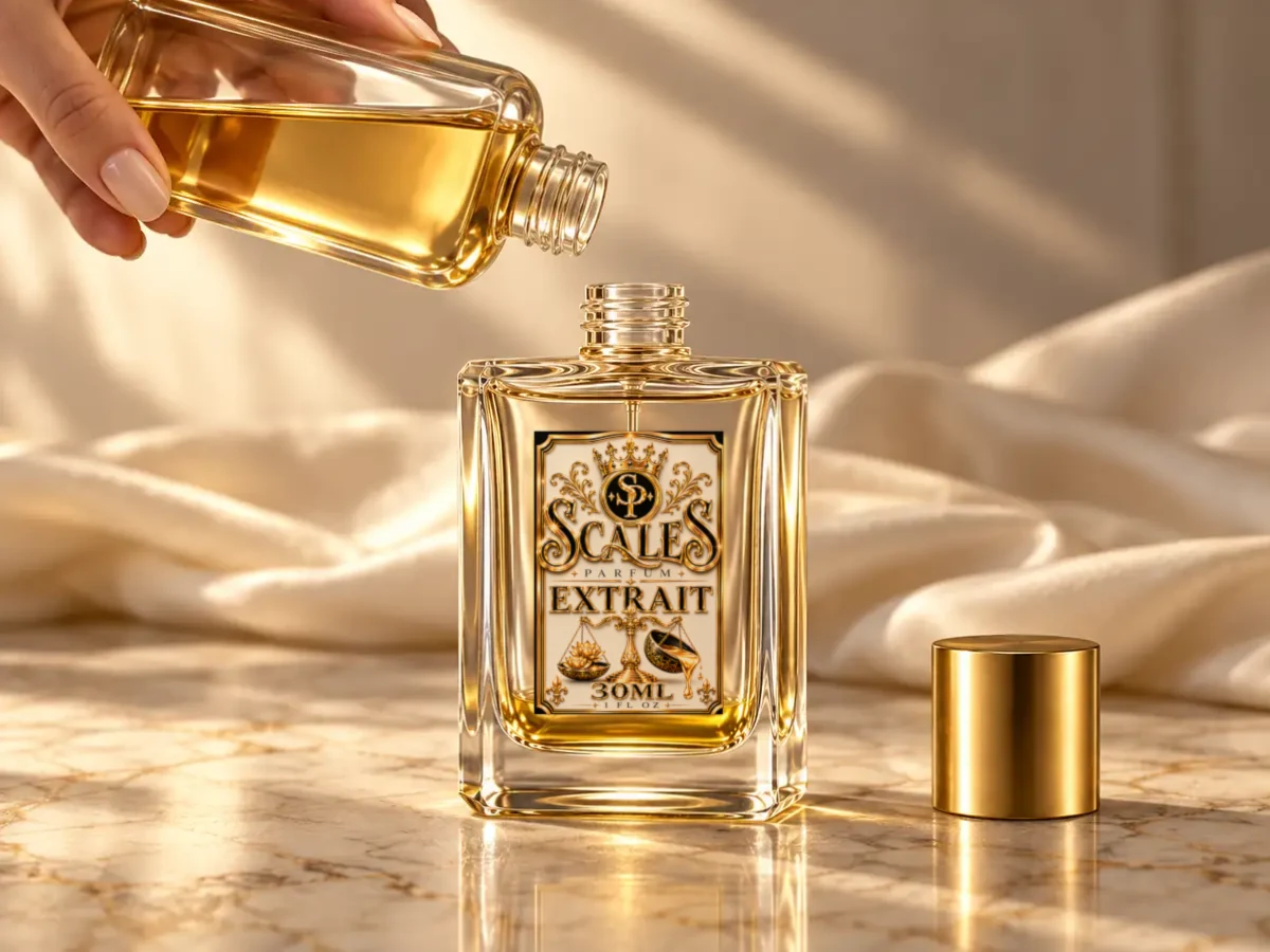 Scales bottle being filled from an apothecary flask on ivory marble